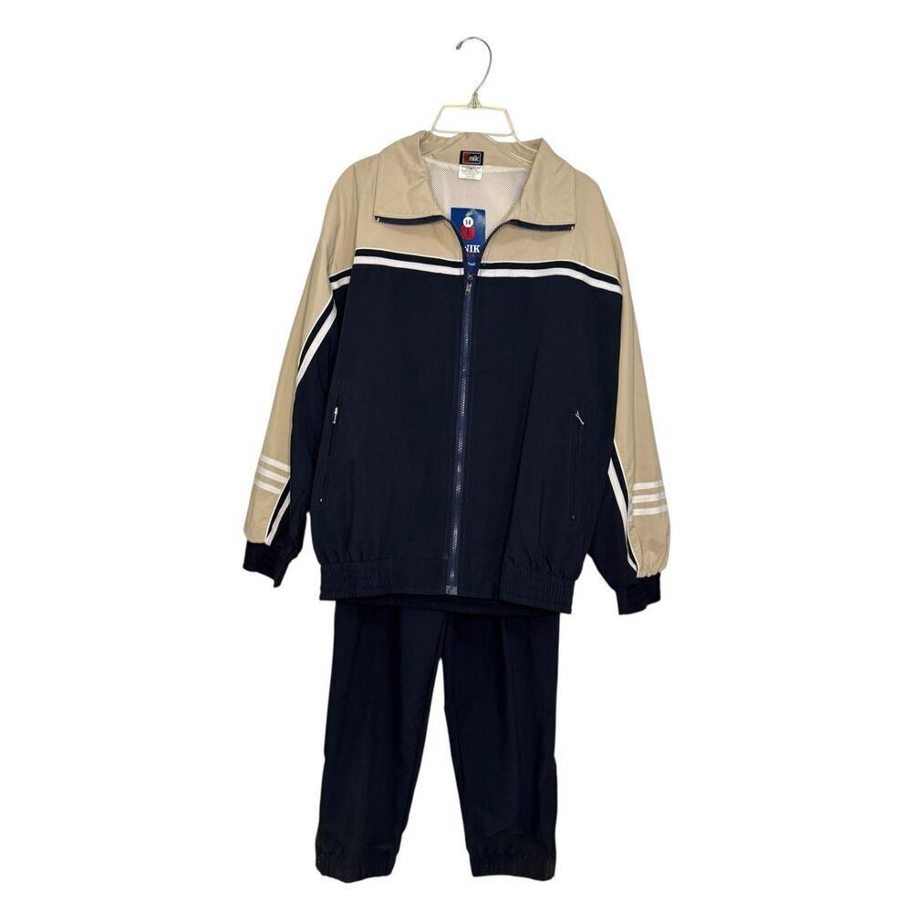 Unik Boys 14 Tracksuit Matching Set Zip Up Jacket & Pants Navy Blue & Tan NEW